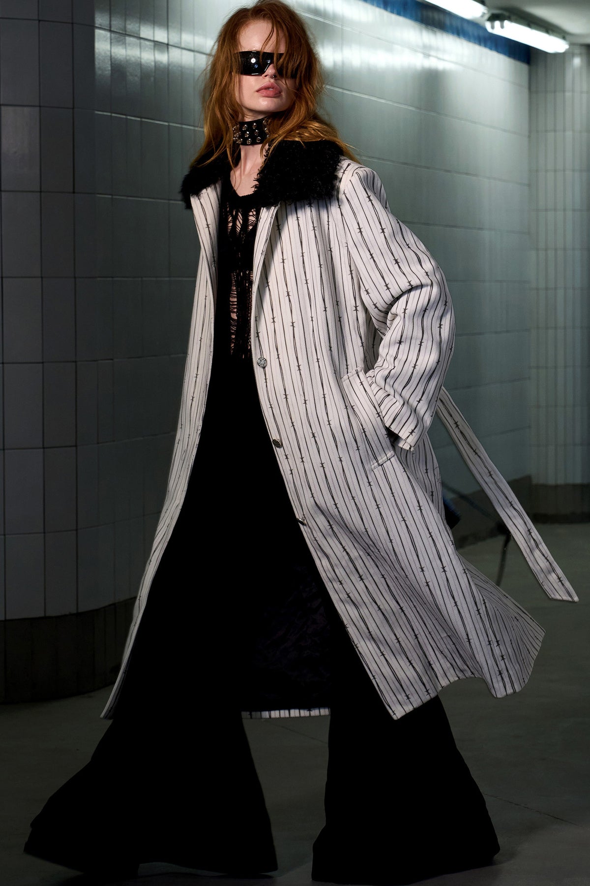 Patchwork Stripe Fur Collar Coat