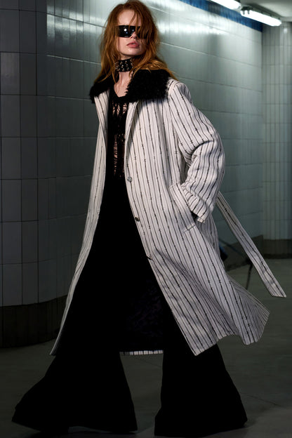 Patchwork Stripe Fur Collar Coat