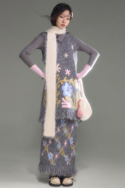 Ear-Shaped Wool-Blend Bird and Flower Jacquard Dress Set-Up