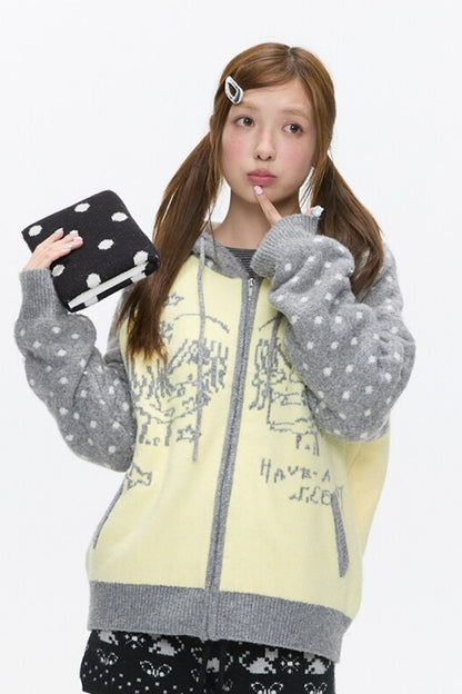 Polka Dot Raglan Zip Sweater
