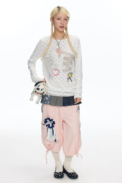 Polka Dot Lace Patchwork Long Sleeve T-Shirt