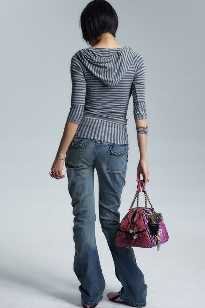 Divine Asymmetrical Frayed Striped Mid-Sleeve T-Shirt