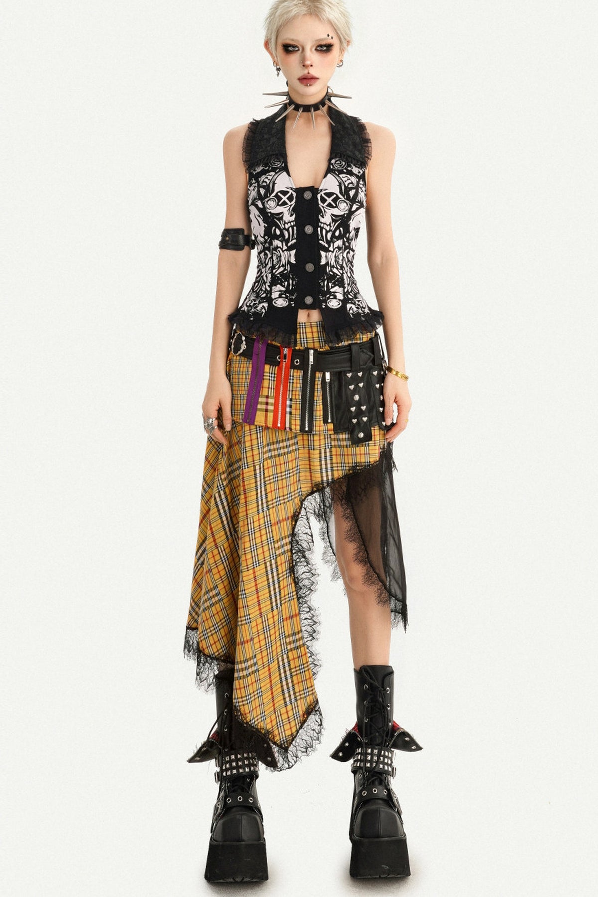 Punk Skull Print Top and Plaid Skirt Set-Up