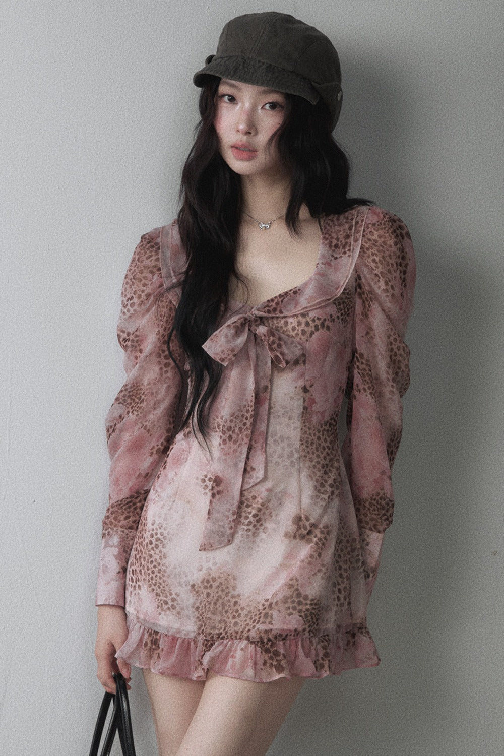 Pink Leopard Print Chiffon Bow Tie Dress