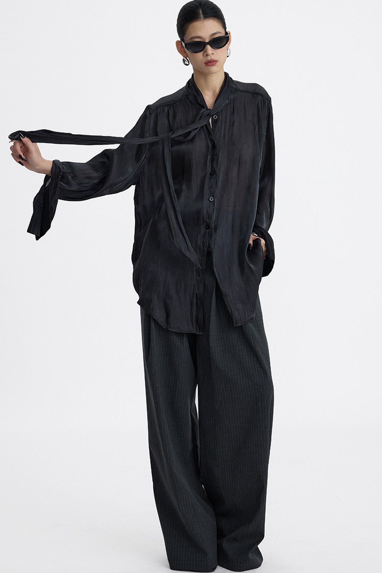 Pleated Tie Neck Shirt