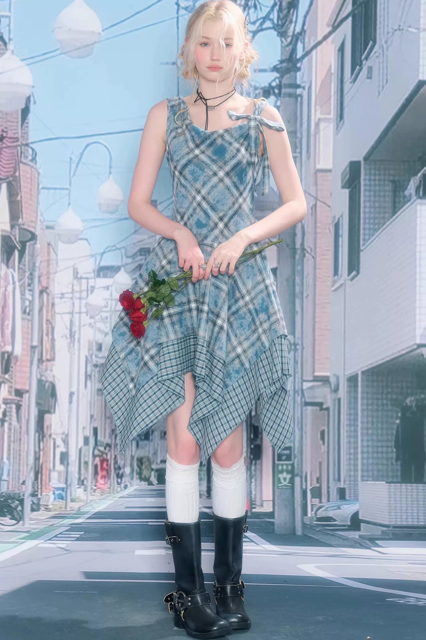 Irregular Blue Plaid Camisole Dress