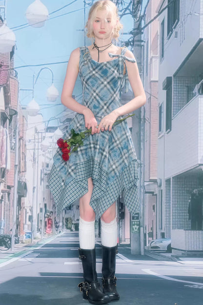 Irregular Blue Plaid Camisole Dress