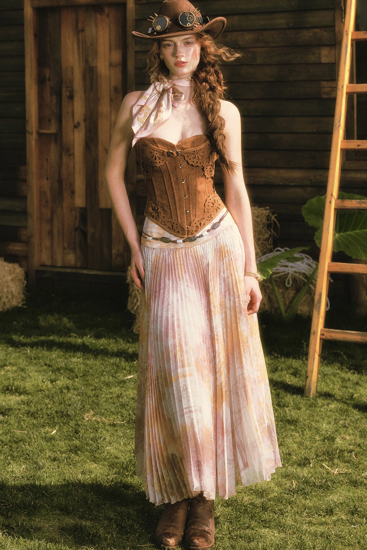 Desert Knight Coffee Fishbone Corset and Skirt Dress Set-Up