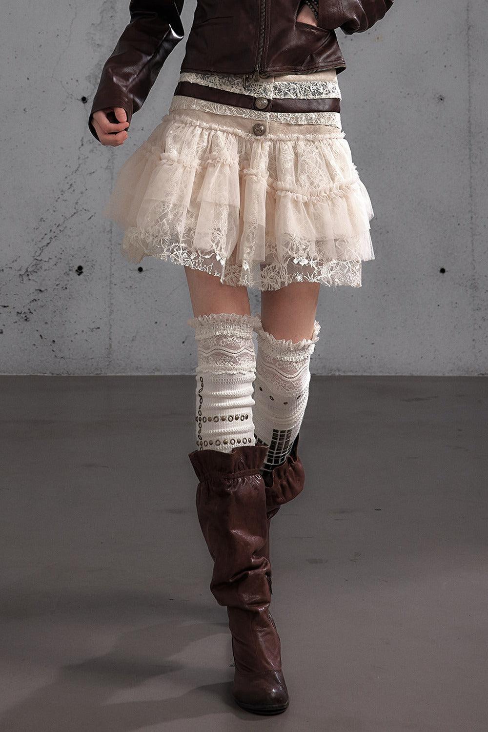 Lace Patchwork Pleated Multi-Layered Puffy Skirt