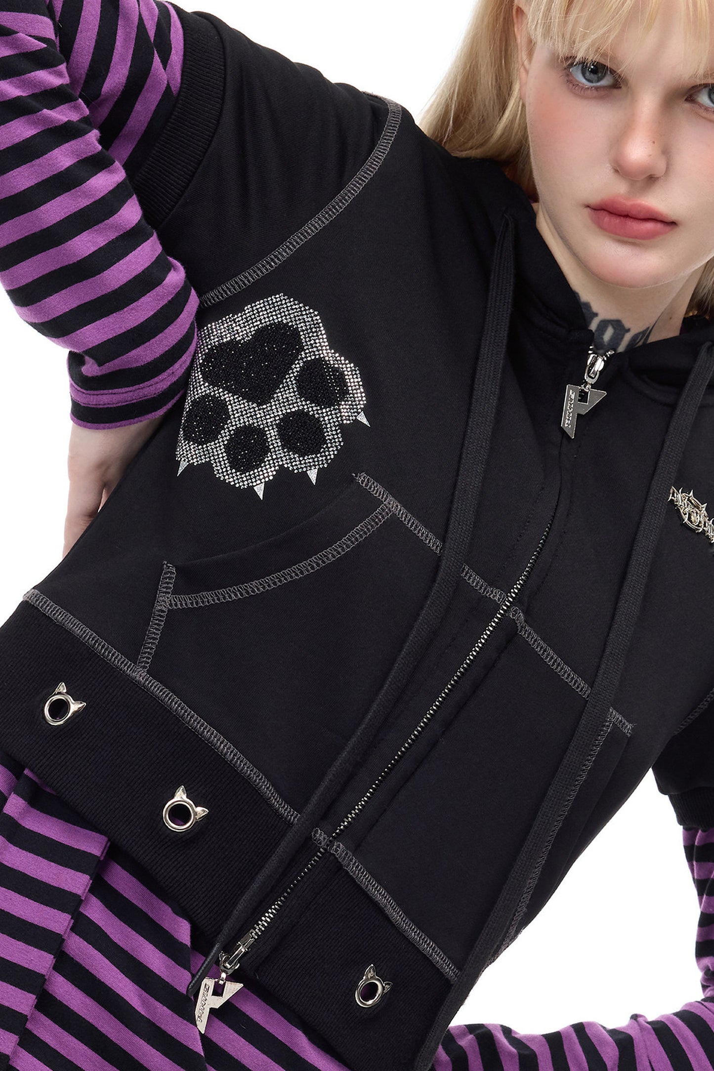 Cat Ear Rhinestone Hooded Cardigan
