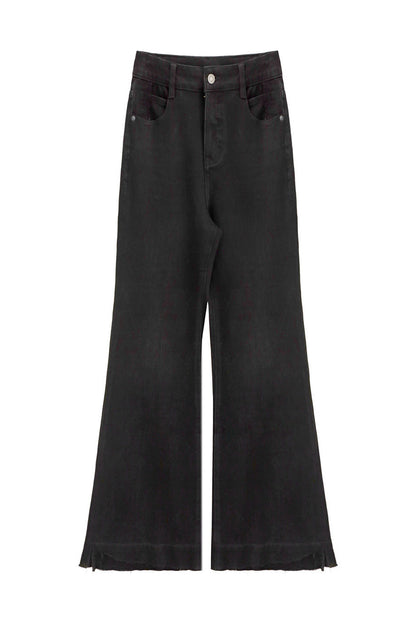 High-Waisted Fleece-Lined Flared Raw Hem Slit Jeans
