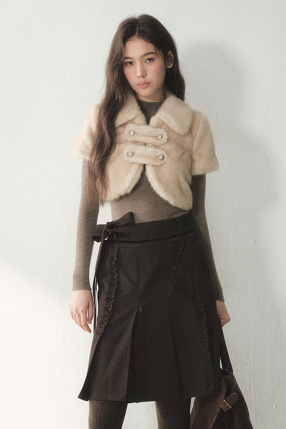 Short-Sleeved Double-Breasted Faux Fur Jacket