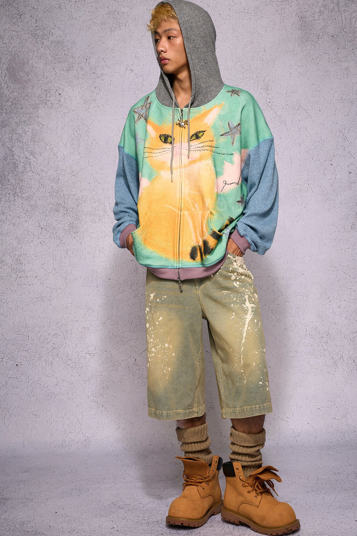 Cat Print Patchwork Sweatshirt Jacket