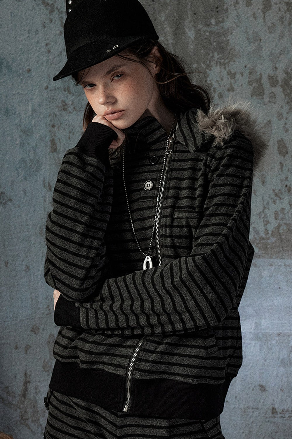 Fur Collar Striped Jacket