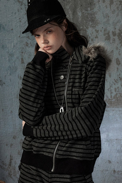 Fur Collar Striped Jacket