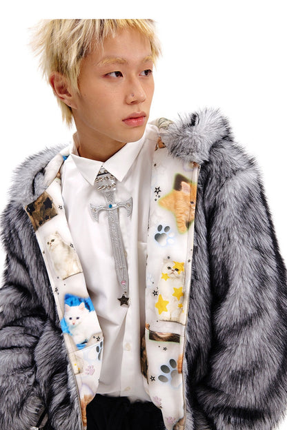 Cat Print Reversible Fur Coat