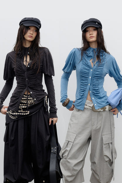 Pleated High-Neck Knit Base Layer Top