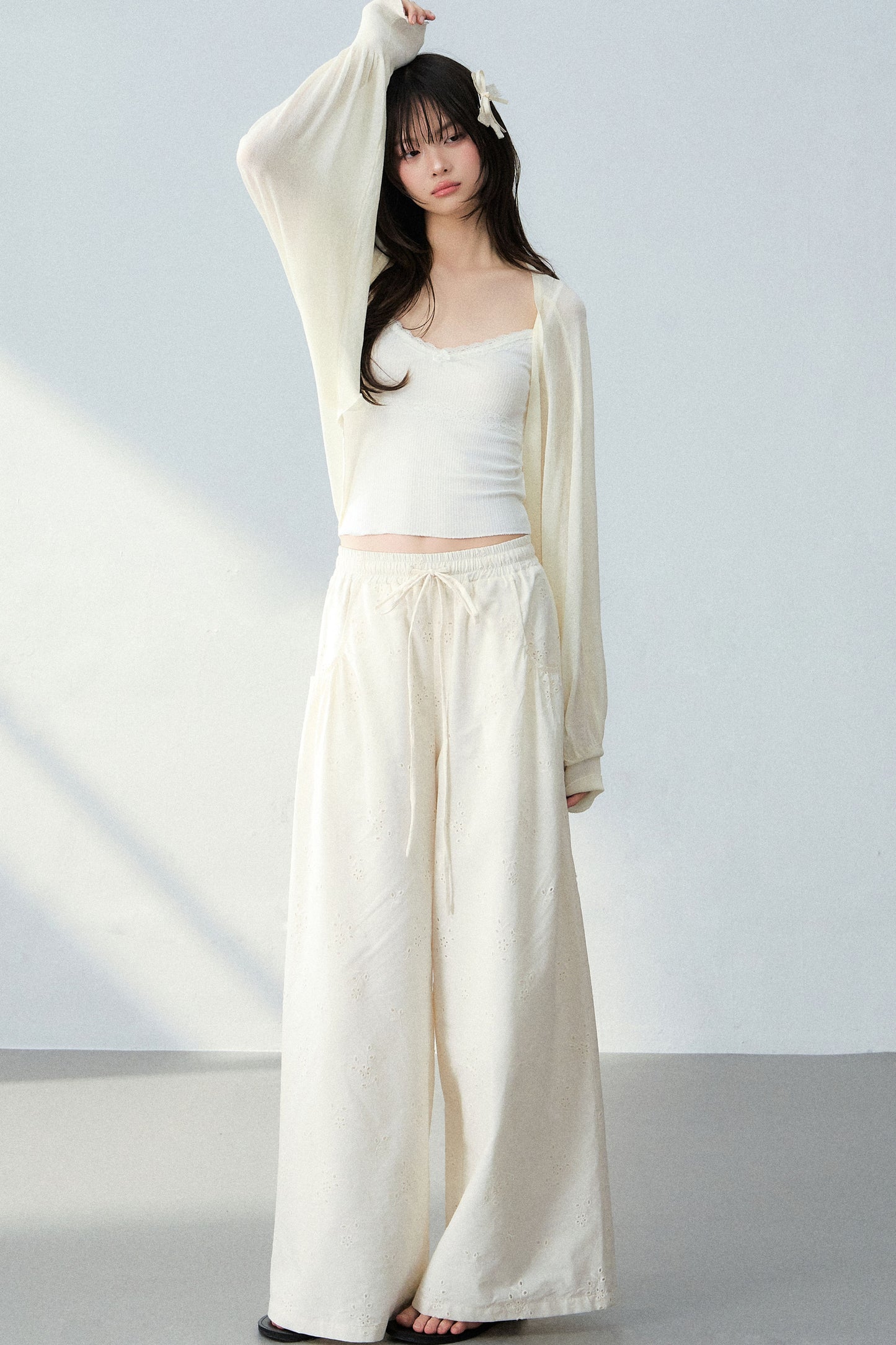 Batwing Cardigan & Camisole With Hollow Out Floral Pants Set-Up