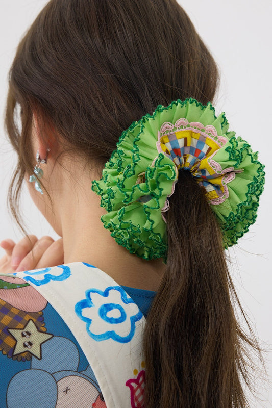 Green and Pink Lace Scrunchie