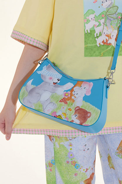 Blue Animal Illustration Flower Crossbody Bag