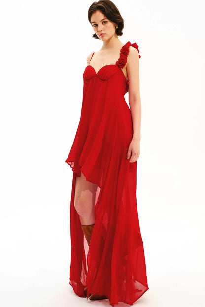 Hand-Stitched Rose Red Slip Dress
