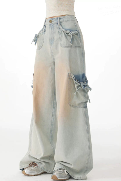 High-Waisted Bow-Knot Wide-Leg Denim Pants