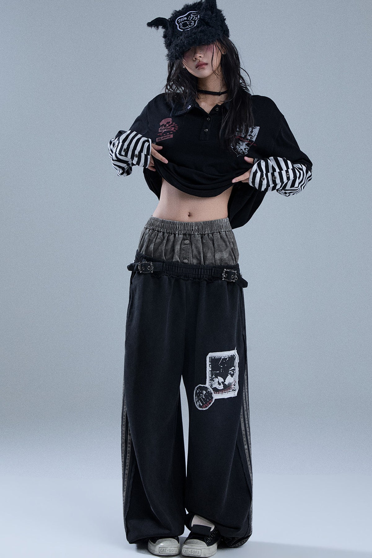 Layered-Look Patchwork Striped Pants