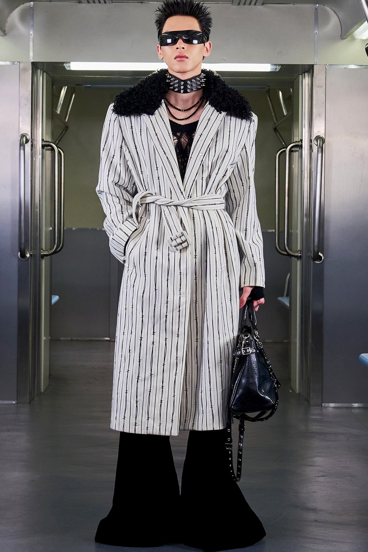 Patchwork Stripe Fur Collar Coat