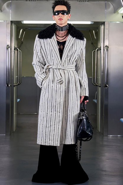 Patchwork Stripe Fur Collar Coat