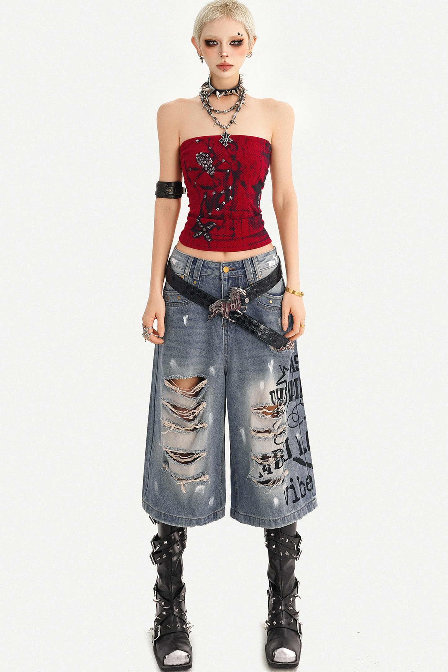 Distressed Letter Print Wide Leg Denim Pants