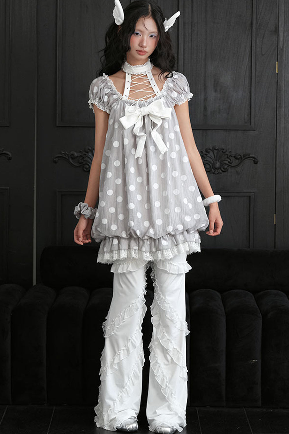 Polka Dot Lace-Up Puff Sleeve Dress