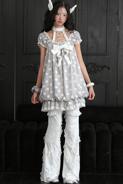 Polka Dot Lace-Up Puff Sleeve Dress