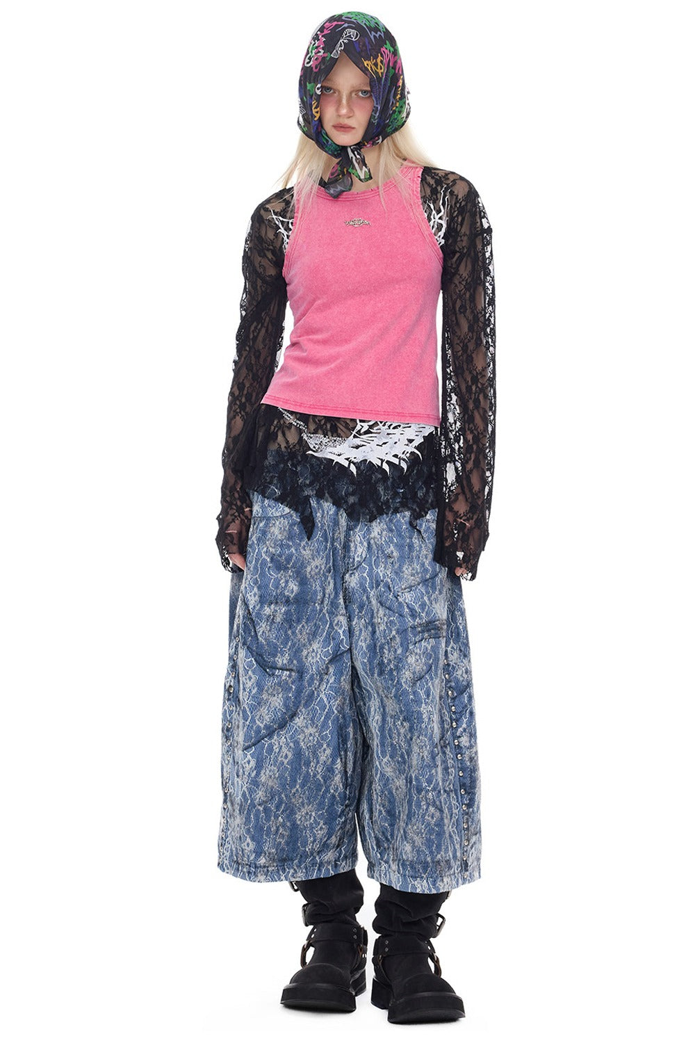 Loose Ripped Lace Cat Print Tee