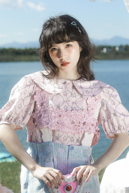 Dog Pearl Print Puff Sleeve Shirt