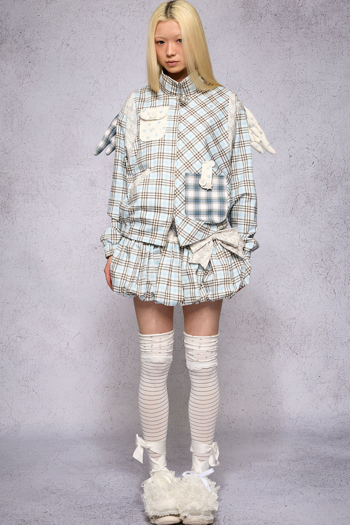 Plaid Patchwork Bow-Decorated Pumpkin Skirt