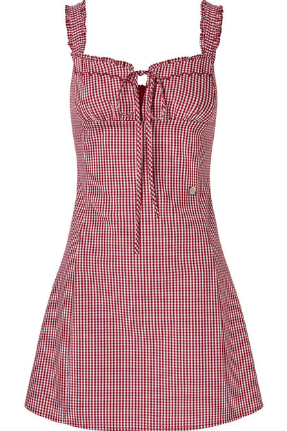 Red Gingham Ruffle Strap Dress