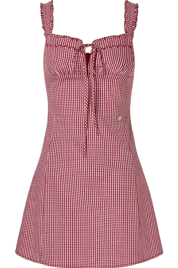 Red Gingham Ruffle Strap Dress