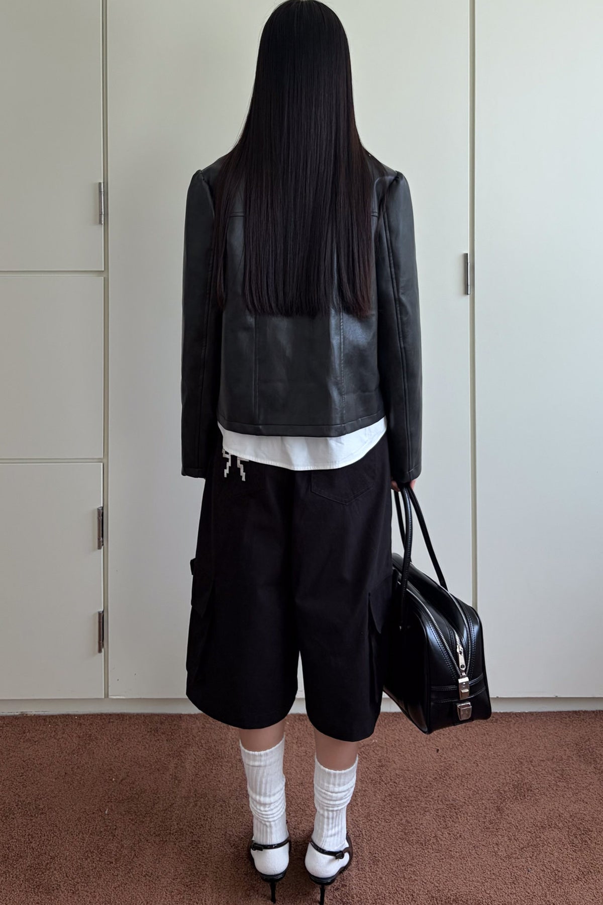 Double-Breasted Bow Pocket Leather Jacket