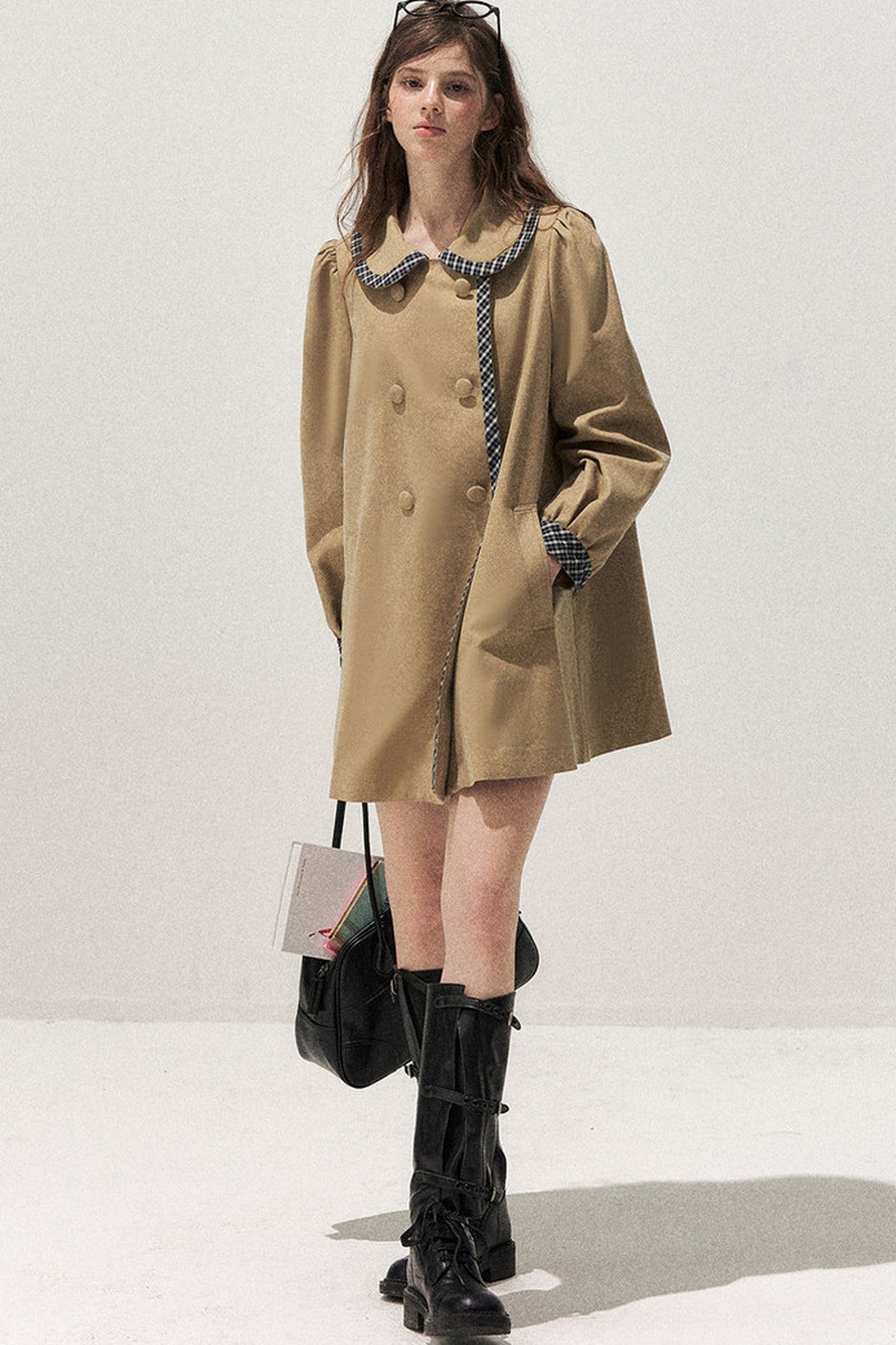 Doll Collar Double-Breasted Plaid Trench Coat