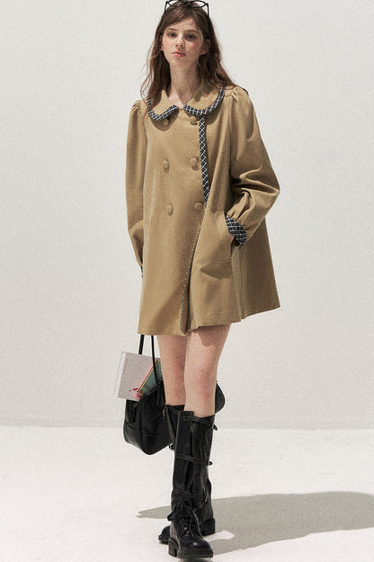 Doll Collar Double-Breasted Plaid Trench Coat