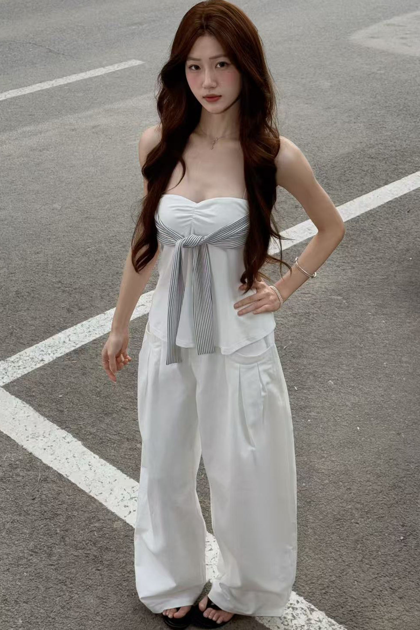 Striped Tube Top & Straight Wide-Leg Pants Set-Up