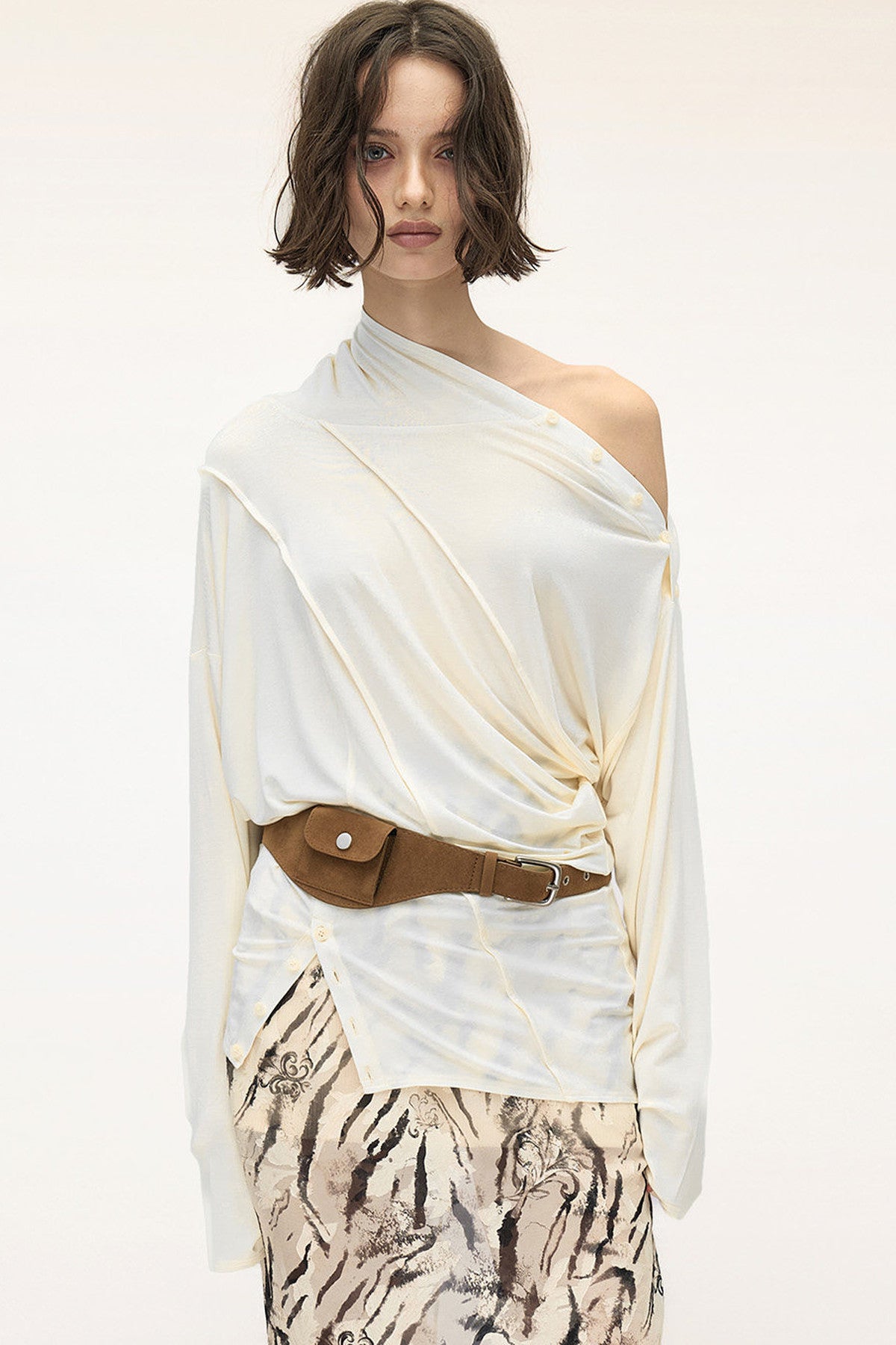 Lyocell Multi-Wear Ruffled Off-Shoulder Irregular Long-Sleeve T-Shirt