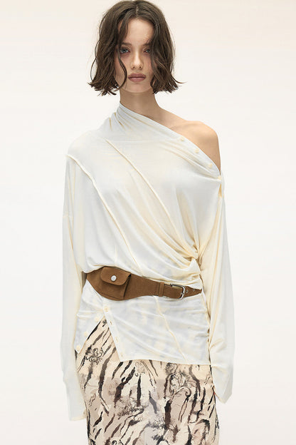 Lyocell Multi-Wear Ruffled Off-Shoulder Irregular Long-Sleeve T-Shirt