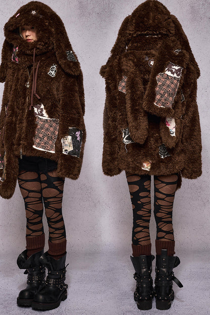 Brown Patchwork Lop-Eared Rabbit Hooded Scarf
