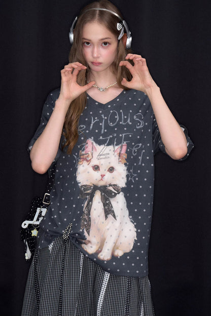 Polka Dot Cat V-Neck Blouse