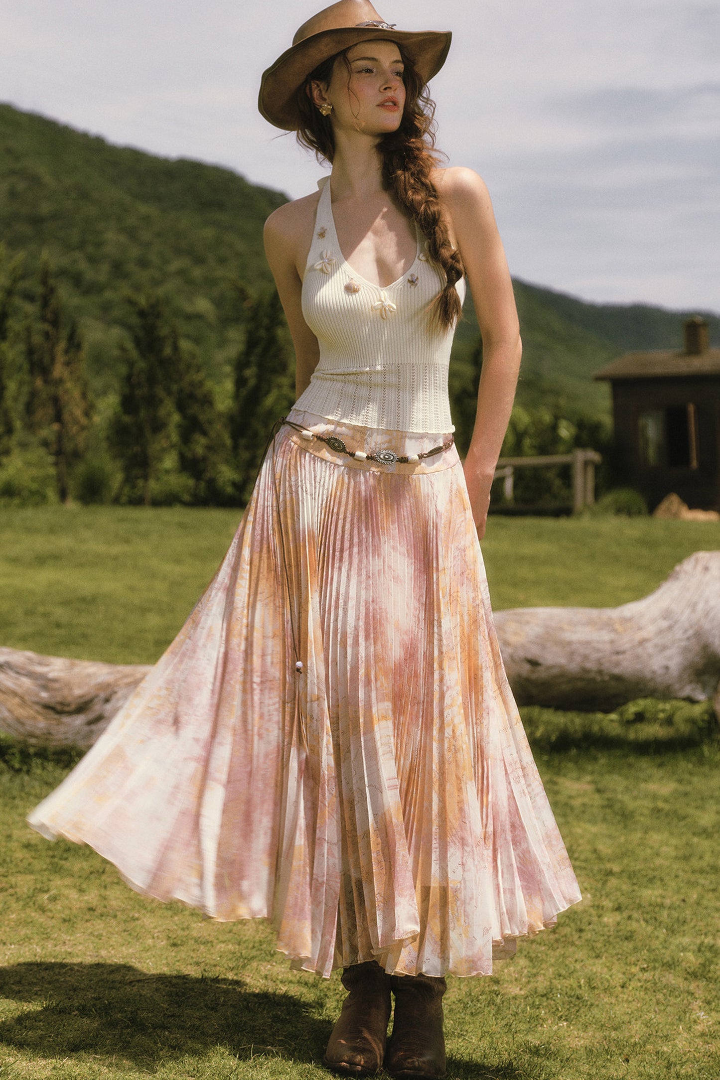 Shell Halter Knitted Cardigan Halter Top and Skirt Set-Up