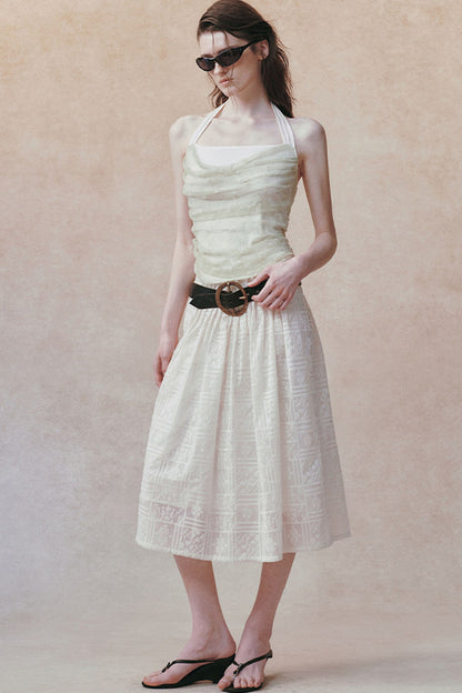 Doppellagiges trägerloses Drapé-Top mit Neckholder und Spitzen-Jacquard