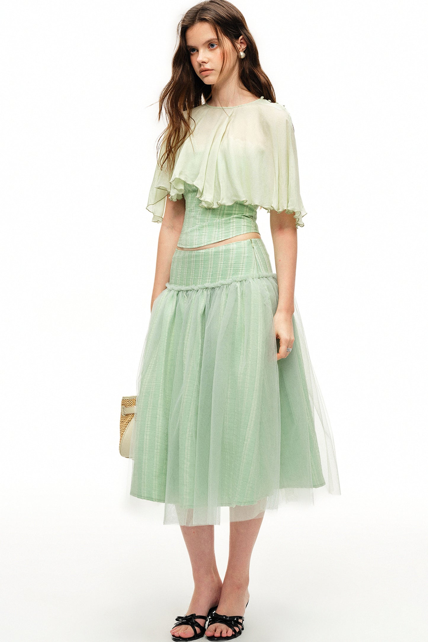 Mint Green Stripe Lyocell Cape and Tulle Skirt Set-Up