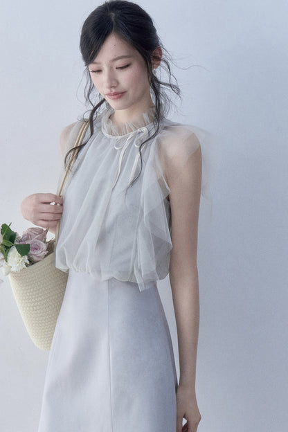 Pleated Mesh Flutter Sleeve Layered-Look Dress