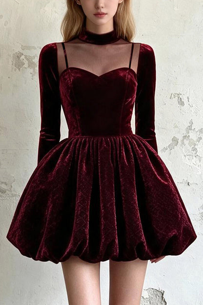 Straight Velvet High Neck Puff Dress